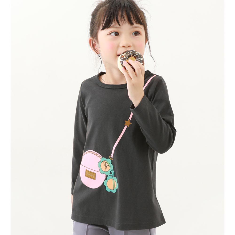 日本 devirock - [定番]純棉少女印花長袖上衣-時尚小包-炭黑
