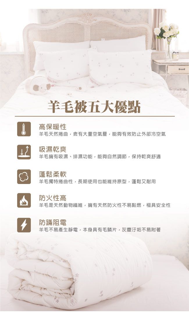 鴻宇 HongYew - 100%紐西蘭羊毛 防螨抗菌羊毛被 冬被 美國棉 台灣製-雙人加大8X7