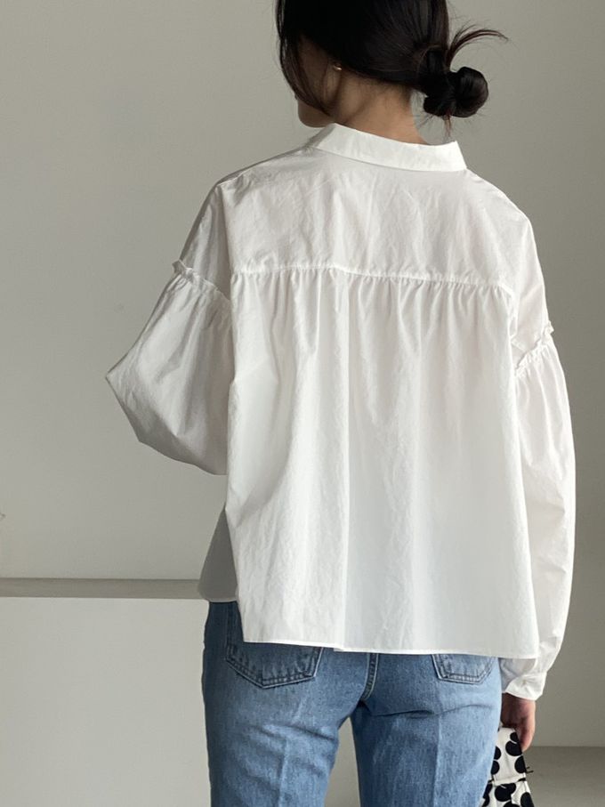 韓國女裝連線 - 極簡拼接翻領長袖襯衫-象牙白 (FREE)