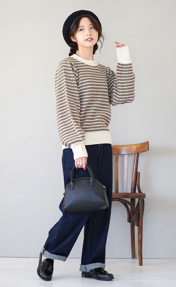 日本 zootie - 撞色線條圓領針織毛衣-開心果