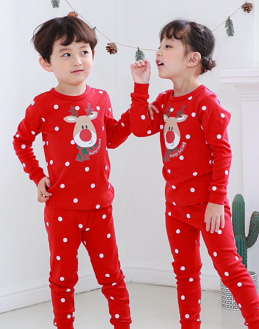 韓國 Ppippilong - 30支有機棉長袖家居服-紅色聖誕麋鹿