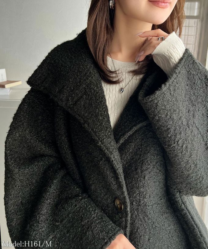 日本 Classical Elf - 玳帽扣時尚立領廓形毛絨大衣-炭灰