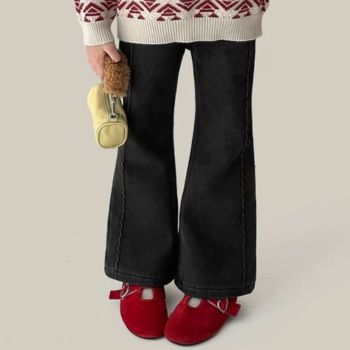 TUTU - 腰鬆緊加絨保暖牛仔喇叭褲-黑色
