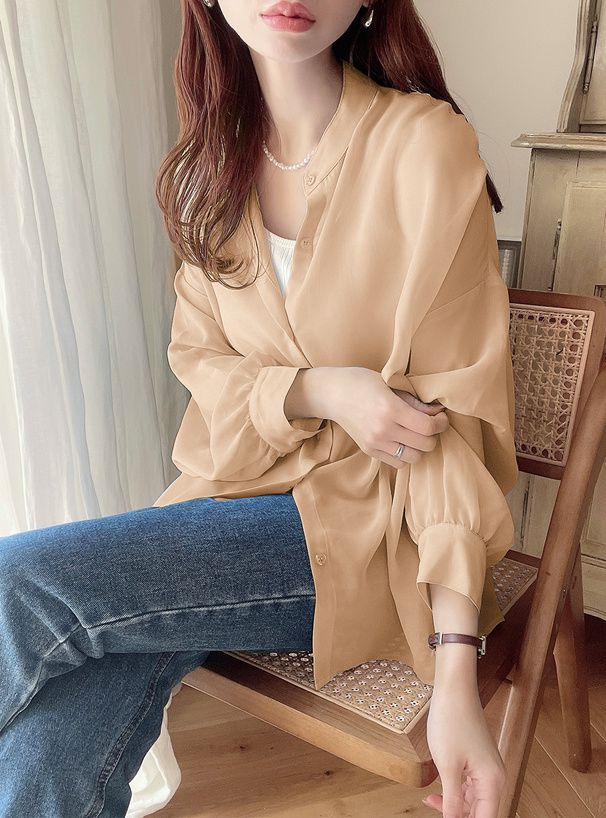 日本 GRL - 透膚感泡泡袖薄長袖襯衫-水藍 (F)