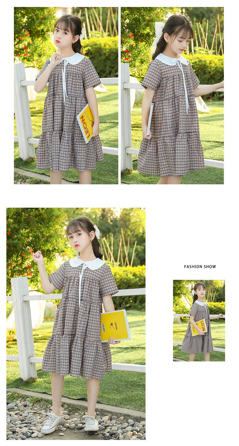 娃娃領短袖蛋糕裙洋裝-格紋-卡其+深藍