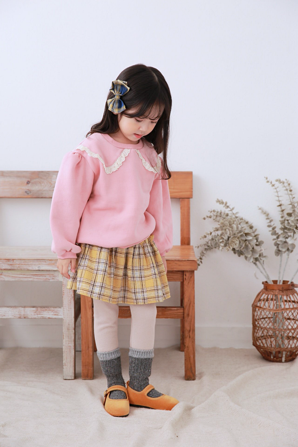 韓國 Dalla - 縮緊帶學院風格子短裙-黃