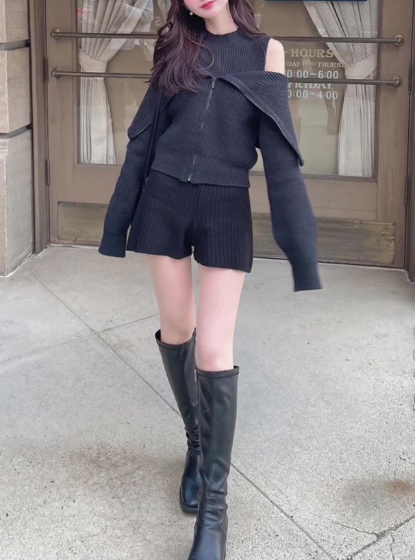 日本 GRL - 露肩羅紋兩件式針織上衣-淺米 (F)