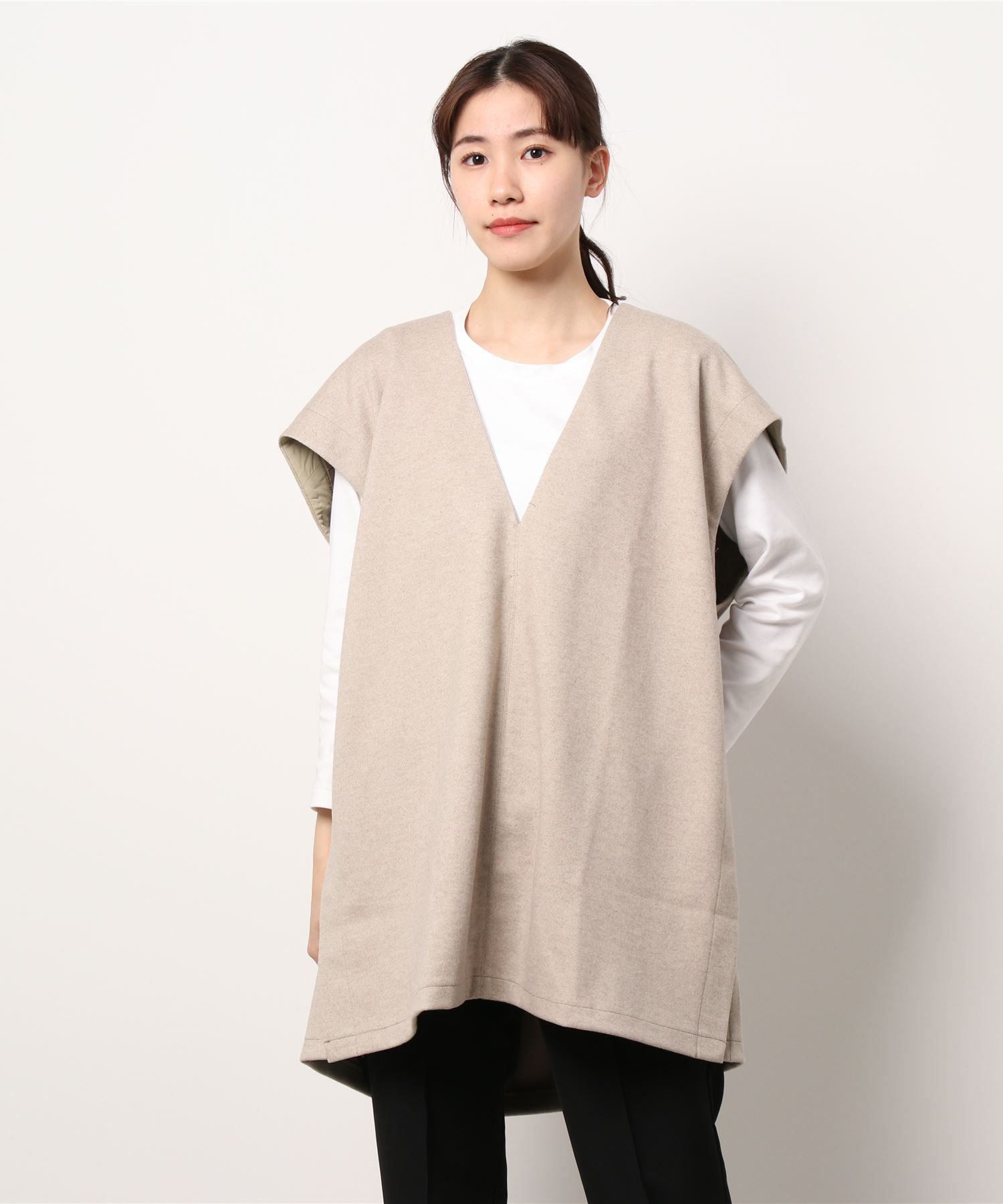 日本 Riche Glamour - 深V落肩長版針織背心-米