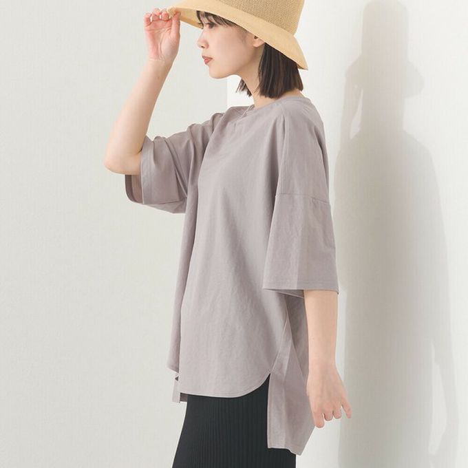 日本 OMNES - 接觸冷感 嫘縈寬版圓領五分袖上衣-海軍藍