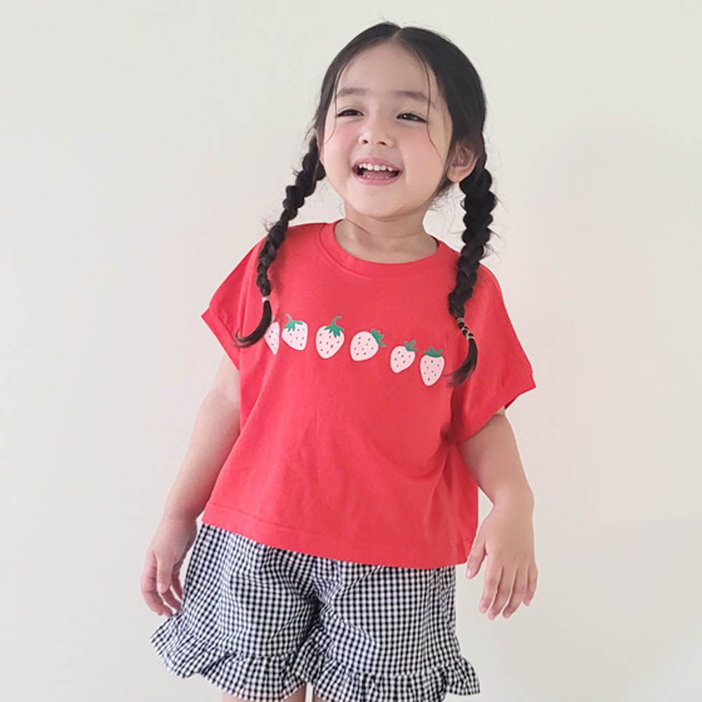 小草莓印落肩上衣-紅