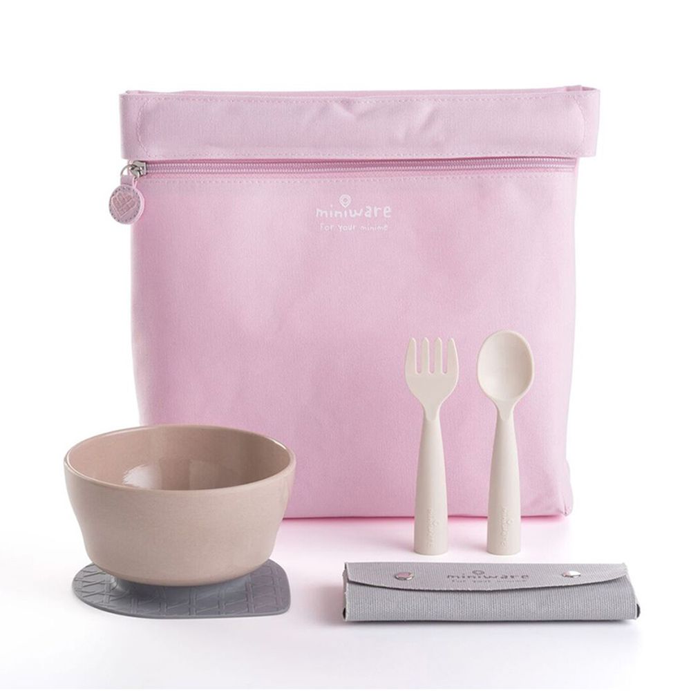 美國Miniware - 天然寶貝兒童餐具-My First! 旅行餐具組-鮭魚櫻花粉-竹纖維麥片碗-鮭魚貝果*1 矽膠防滑吸盤*1 My First!叉匙組*1 寶貝收納袋-櫻花粉*1