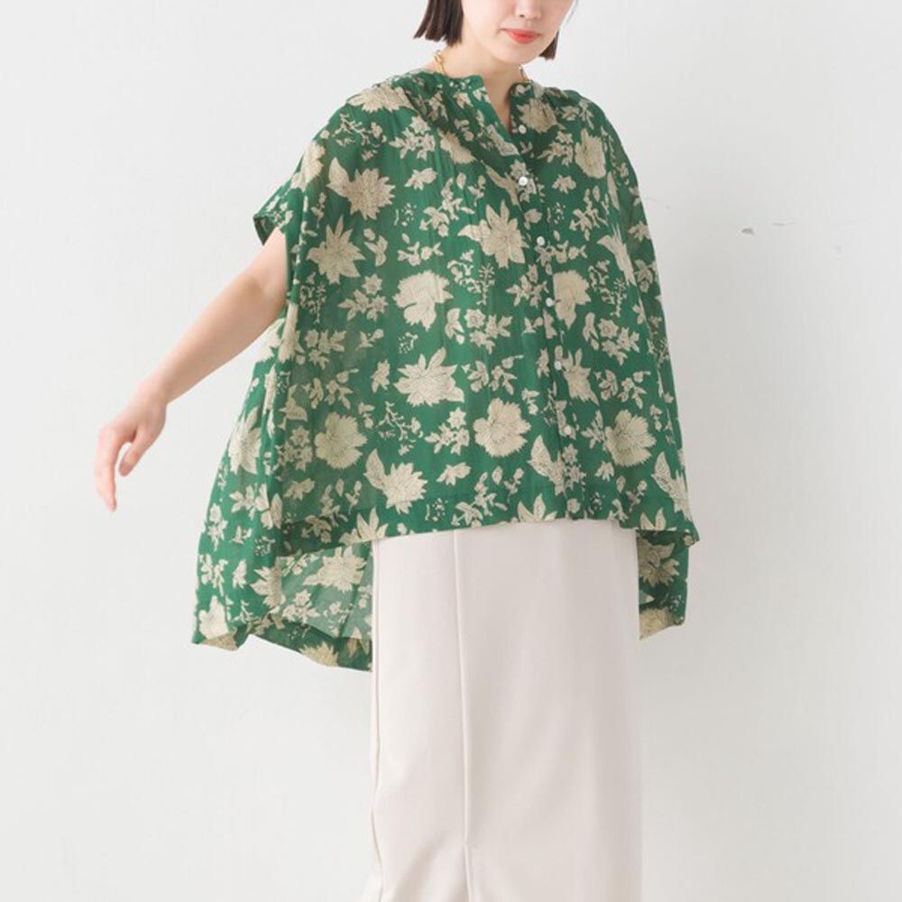 日本 OMNES - 100%印度棉 夏日印花法式袖襯衫-綠底滿版花