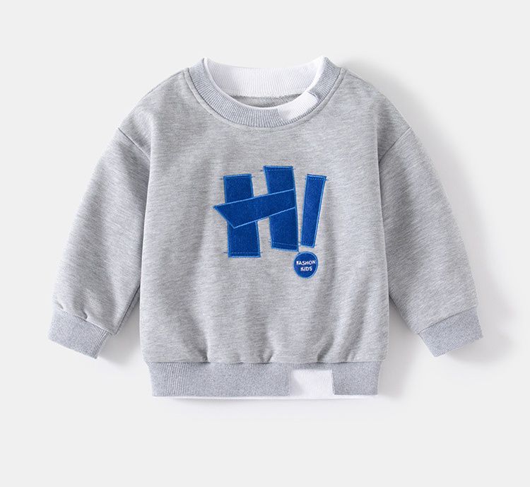 WELLKIDS - 圓領棉質不規則長袖上衣/大學T-H!-灰色