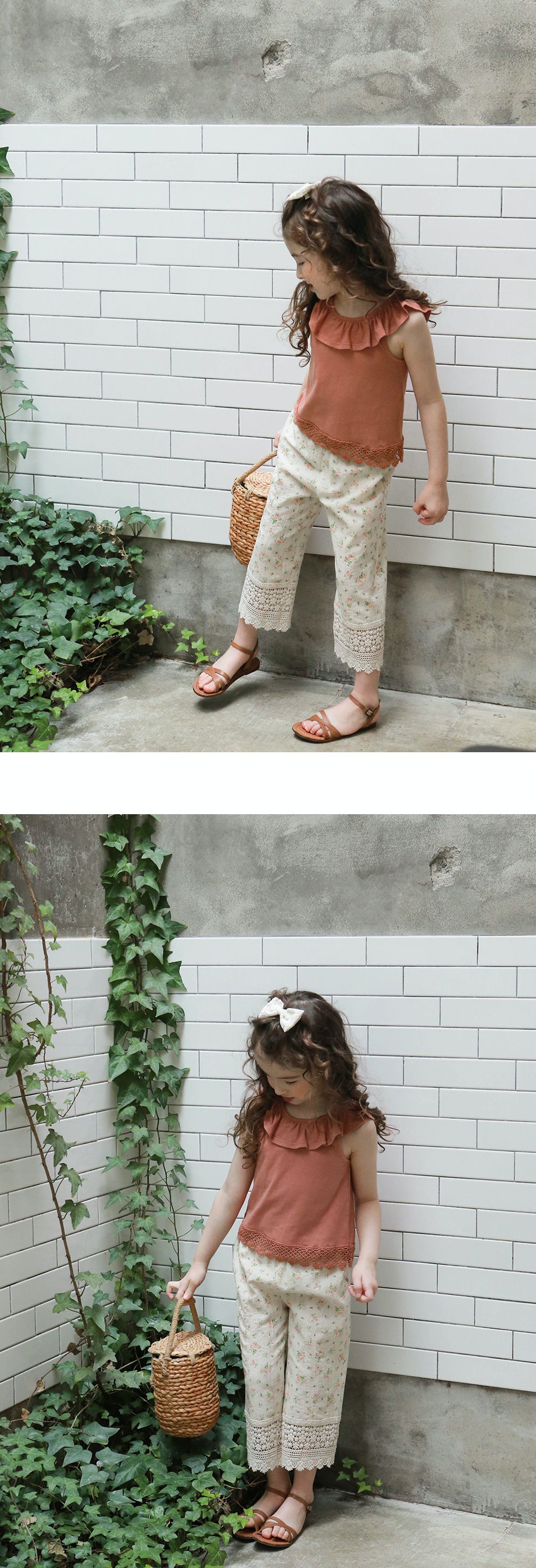 韓國 PuellaFLO - 春日碎花蕾絲下襬薄長褲