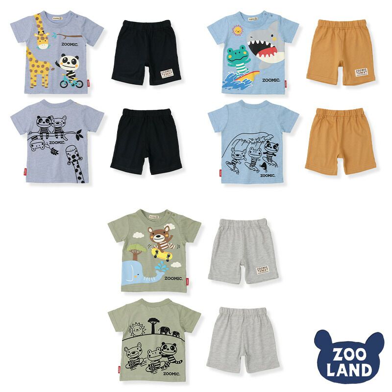 日本 ZOOLAND - 童趣印花短袖上衣X短褲套裝-青蛙衝浪-藍x橘