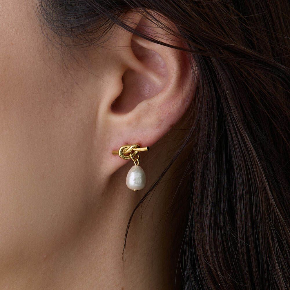 18k金幸運繩結珍珠耳環-金 (耳針)