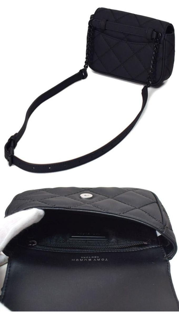 TORY BURCH - 格菱紋皮革翻蓋斜背包 (霧黑)