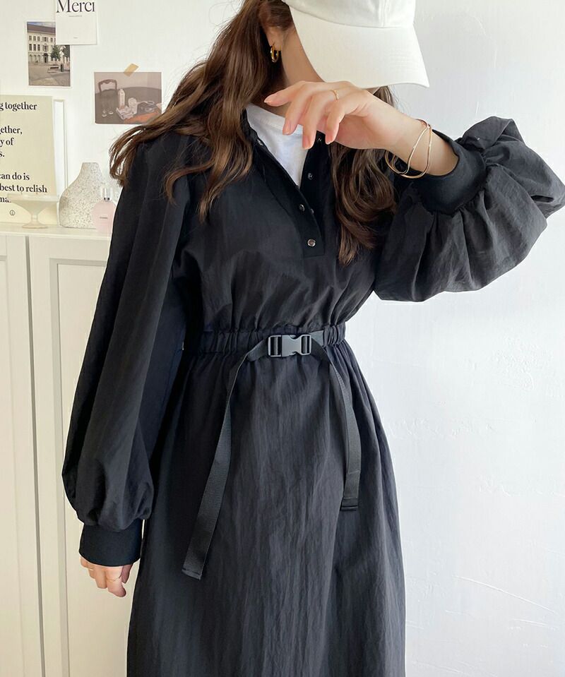 日本 Classical Elf - 簡約休閒抽繩收腰洋裝-卡其