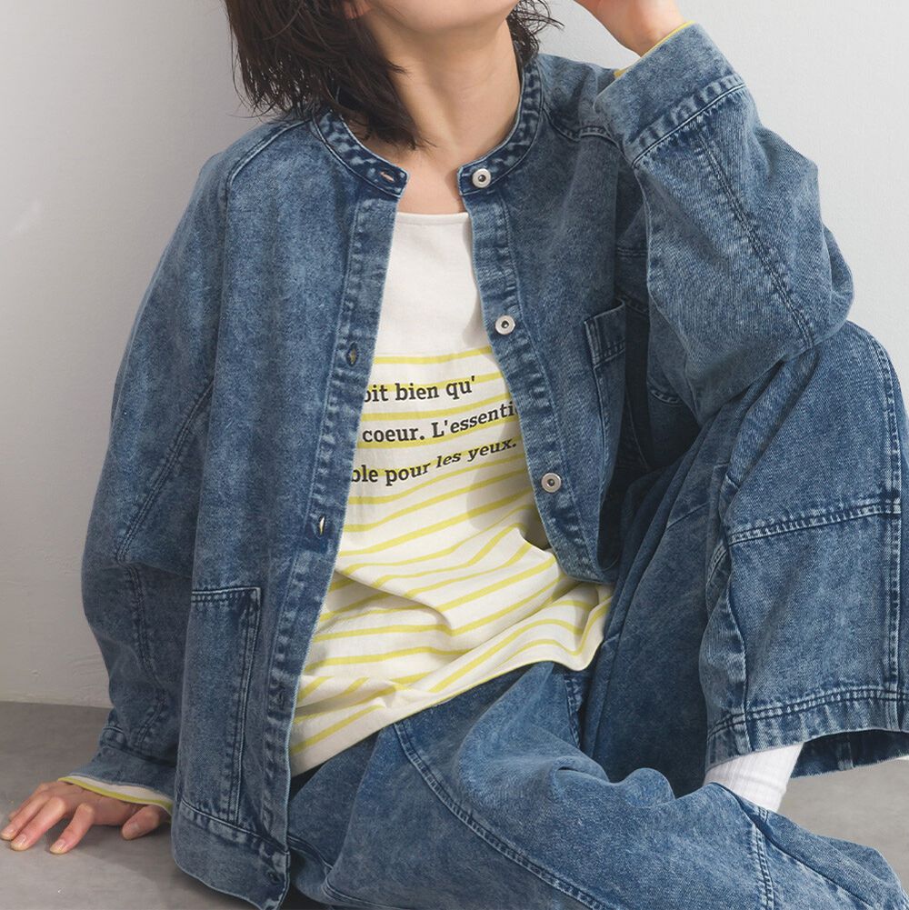 復古刷色感輕盈無領牛仔外套-海軍藍