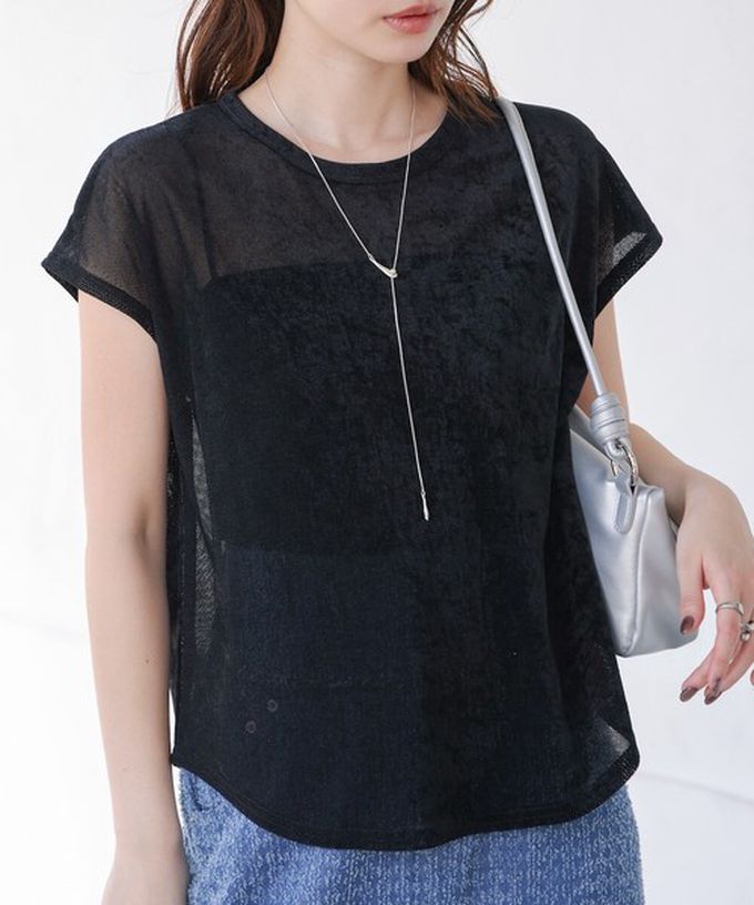 日本 Bab - 微透輕盈天鵝絨法式袖上衣-象牙米 (M)