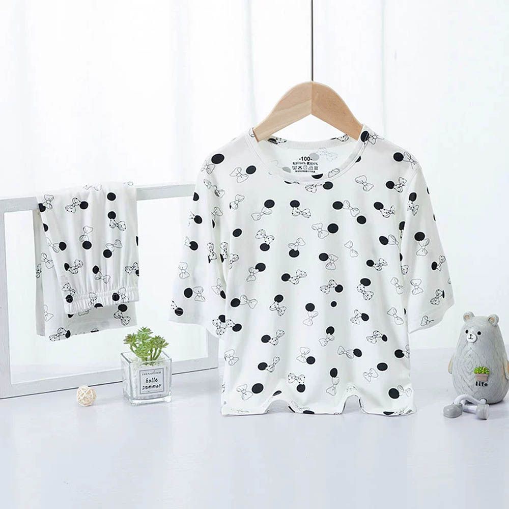 輕盈透氣七分袖家居服套裝/空調服-蝴蝶結-白色