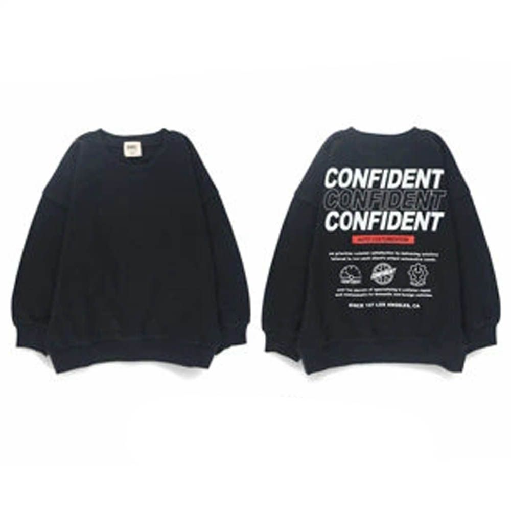 街頭印花縮口長袖上衣-英文LOGO-黑