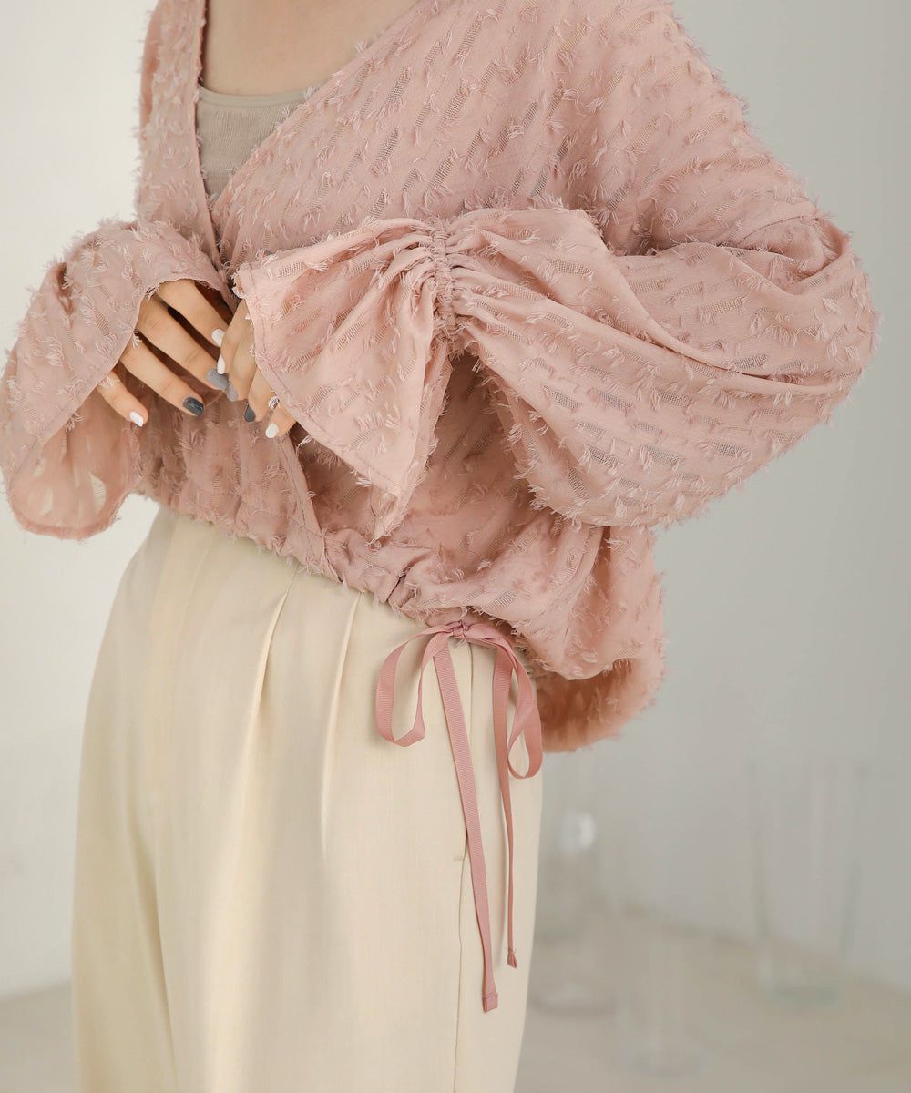 日本 Bab - 2WAY透感抽鬚糖果袖上衣-淺粉