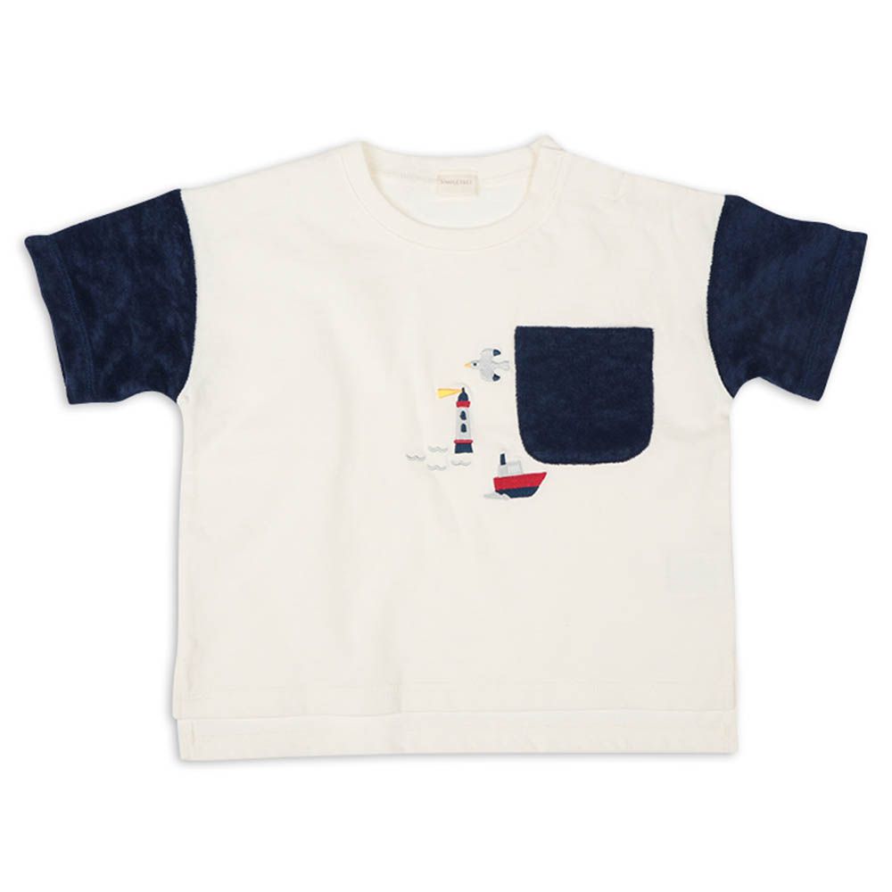 短袖T恤-毛圈布拼接-深藍色