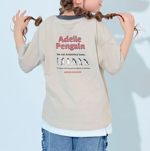 日本 devirock - 100%棉 定番印花短袖上衣-企鵝排列-灰棕