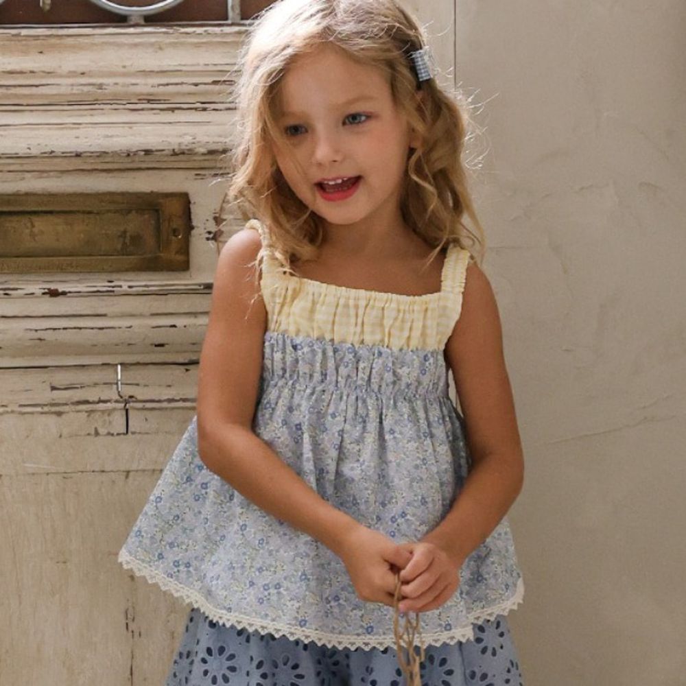 Puellaflo 田園系碎花格紋拼接背心上衣-黃X藍