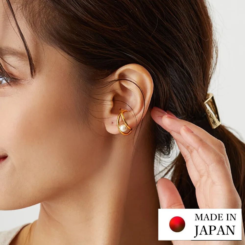 日本製 單顆珍珠線條耳骨夾-金