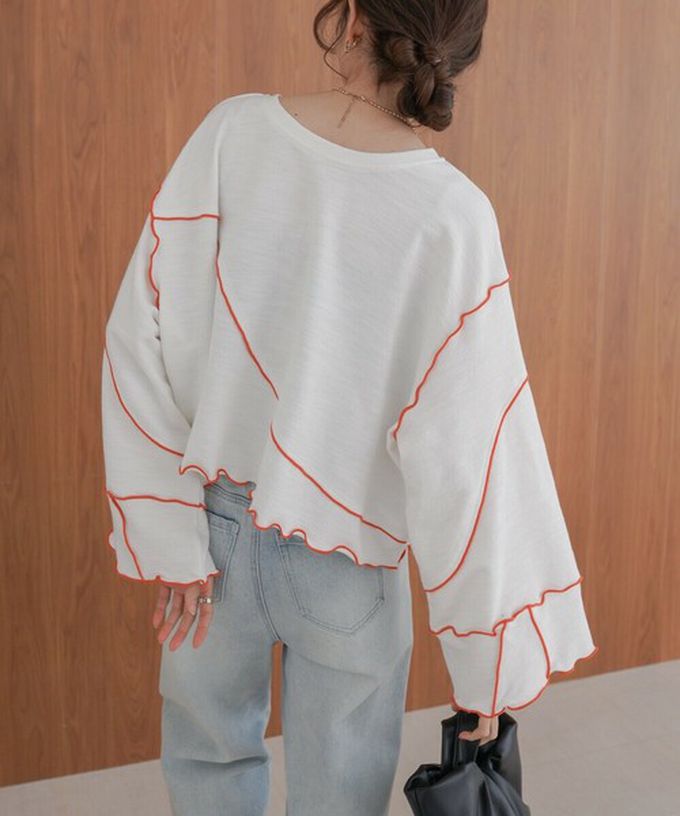 日本 Bab - 活力跳色感木耳邊大寬袖上衣-灰x淺黃