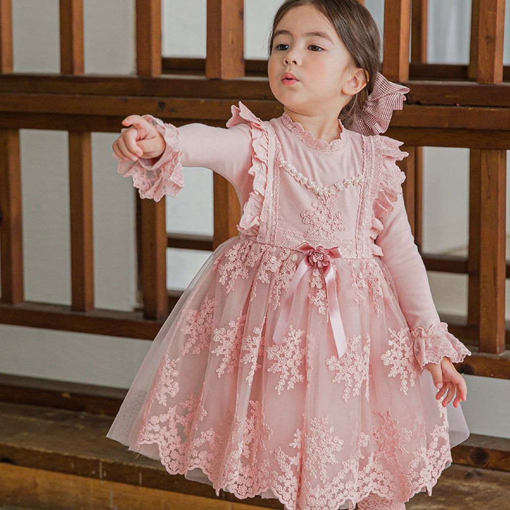 韓國 mari an u - 蕾絲袖口雕花紗裙洋裝-粉紅