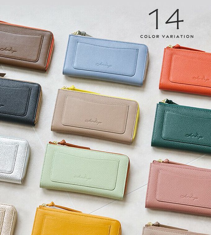 日本 LIZDAYS - 極輕巧-3cm薄型雅緻真皮長夾-卡其x粉 (17.3x9.2cm)