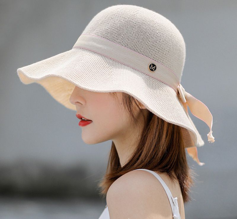 透氣可折疊遮陽棉纱草帽-緞帶蝴蝶結-黃色 (56-58cm)