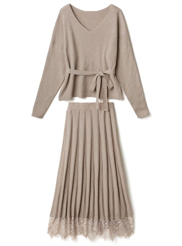 日本 GRL - V領綁帶上衣x蕾絲百褶長裙2件組-典雅黑