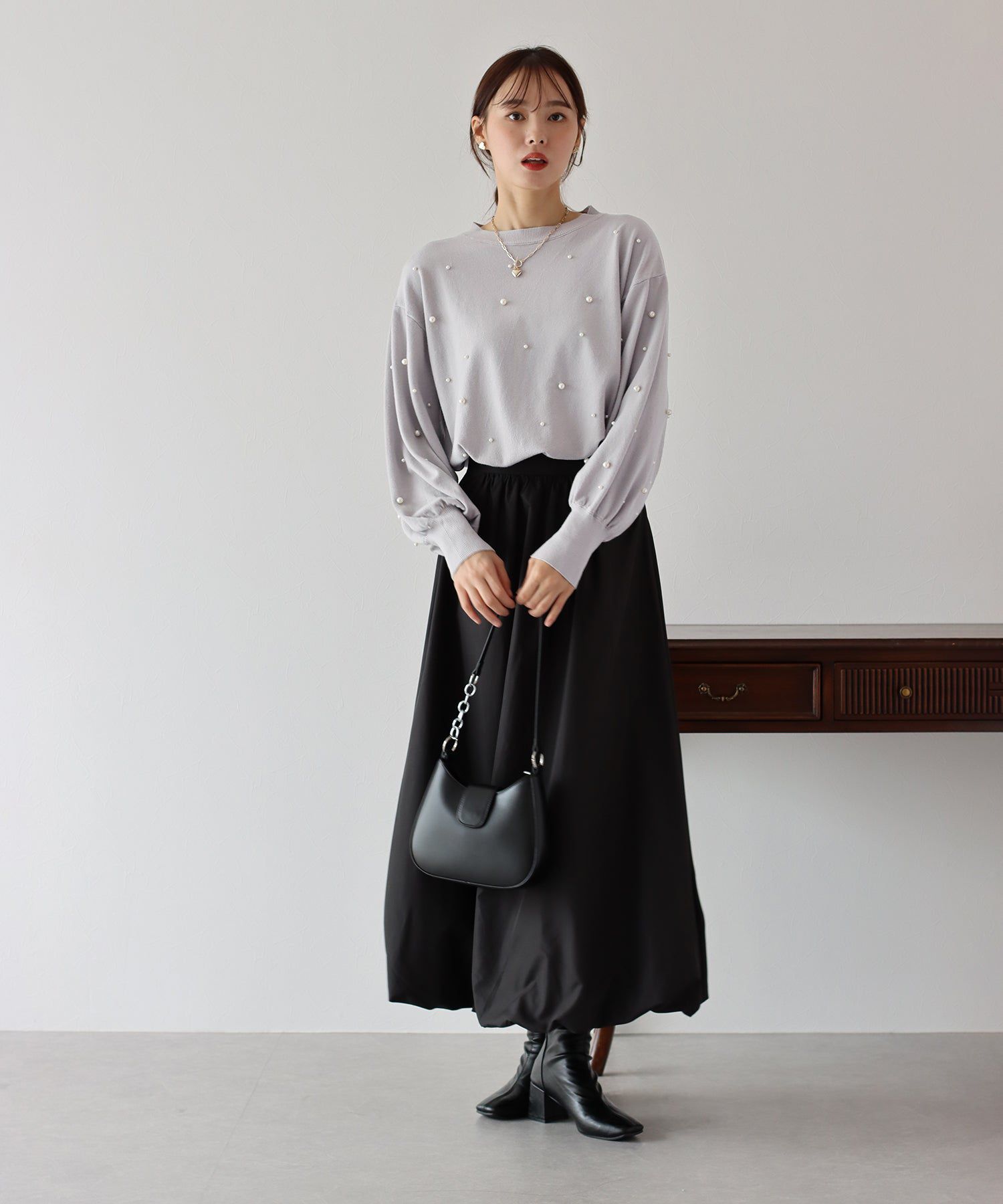 日本 BLUE EAST - 氣球袖珍珠注目針織上衣-粉紅