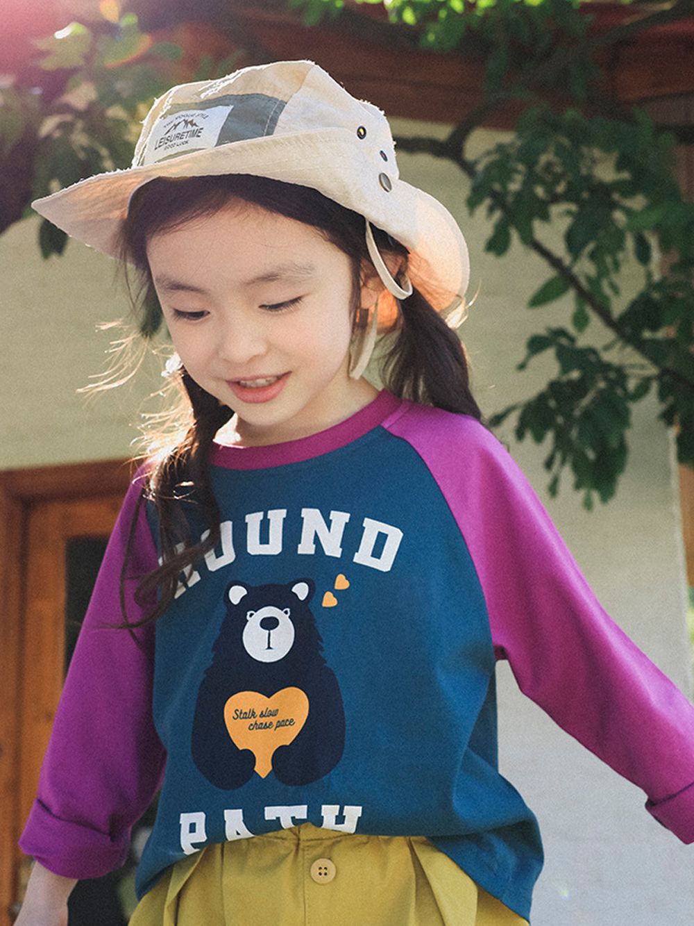 純棉撞色長袖上衣-潮流動物-墨綠