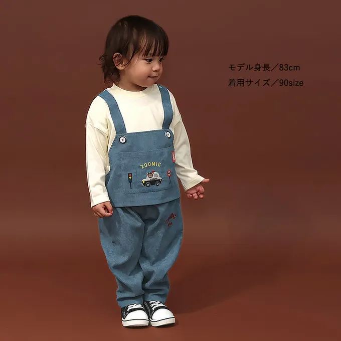 日本 ZOOLAND - 熊熊救援隊 燈芯絨吊帶拼接長袖上衣-警車-白X藍