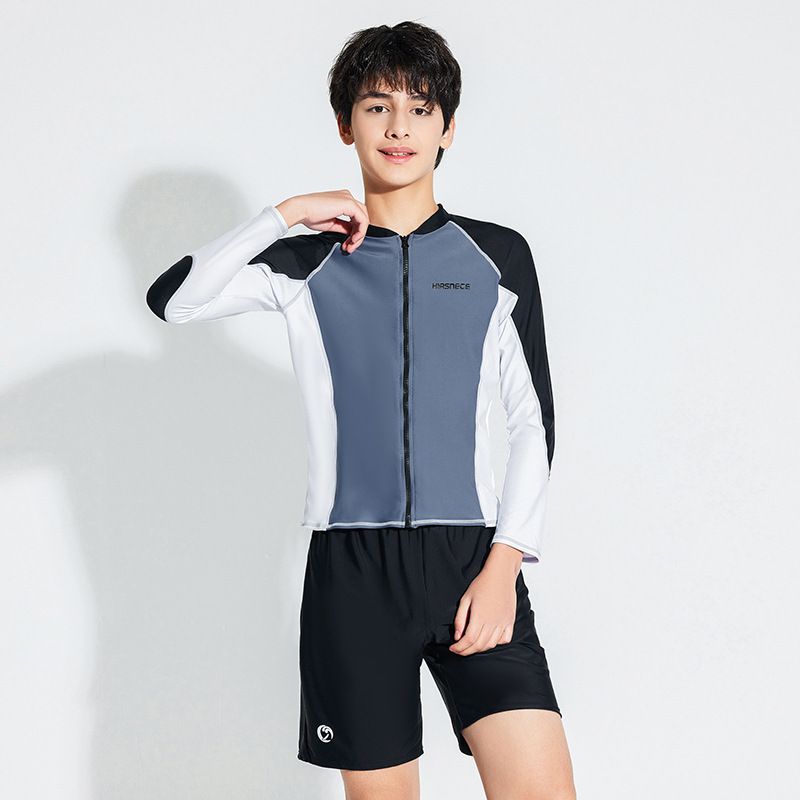 大童男孩長袖泳衣套裝(三件組)-拼色款-黑+白+紫-泳衣、長泳褲、短泳褲