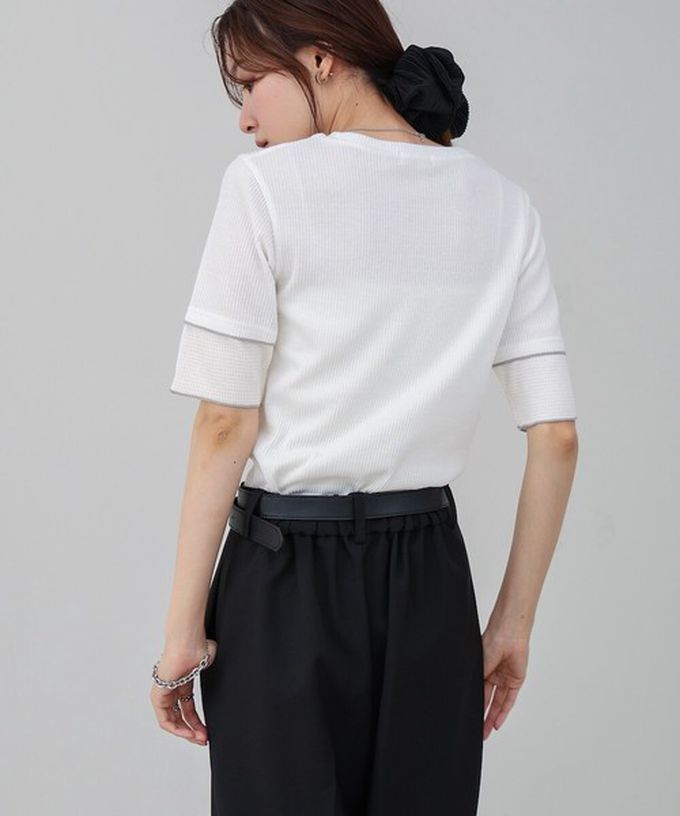 日本 Bab - 柔美線條羅紋異材質短袖上衣-卡其 (M)