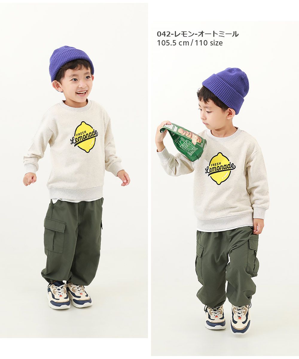 日本 devirock - 純棉裏毛百搭印花長袖上衣-檸檬-燕麥白