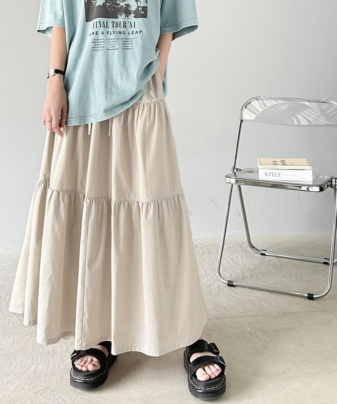 日本 Classical Elf - 古典優雅綁帶分層鬆緊長裙-象牙