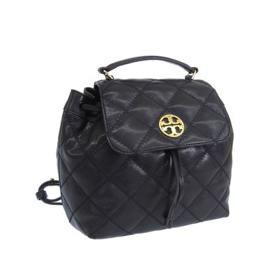 TORY BURCH - 高質感菱格紋羊皮翻蓋後背包 (黑)