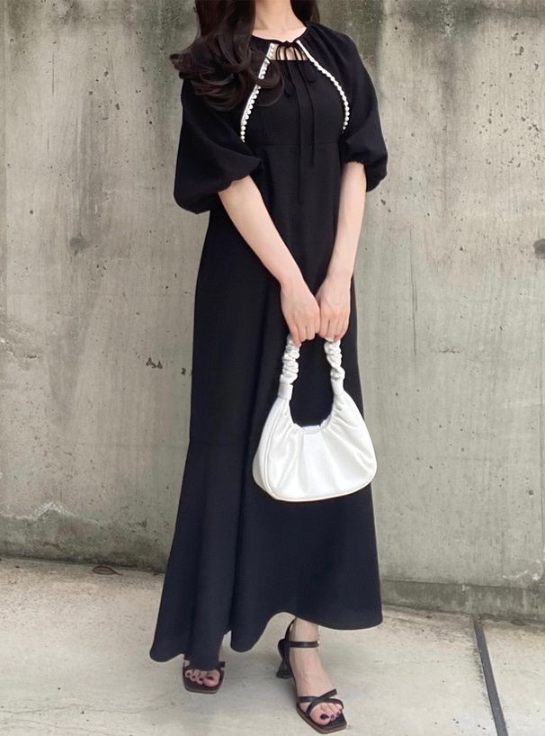 日本 GRL - 優雅蕾絲滾邊泡泡袖兩件式洋裝-煙燻藍 (F)