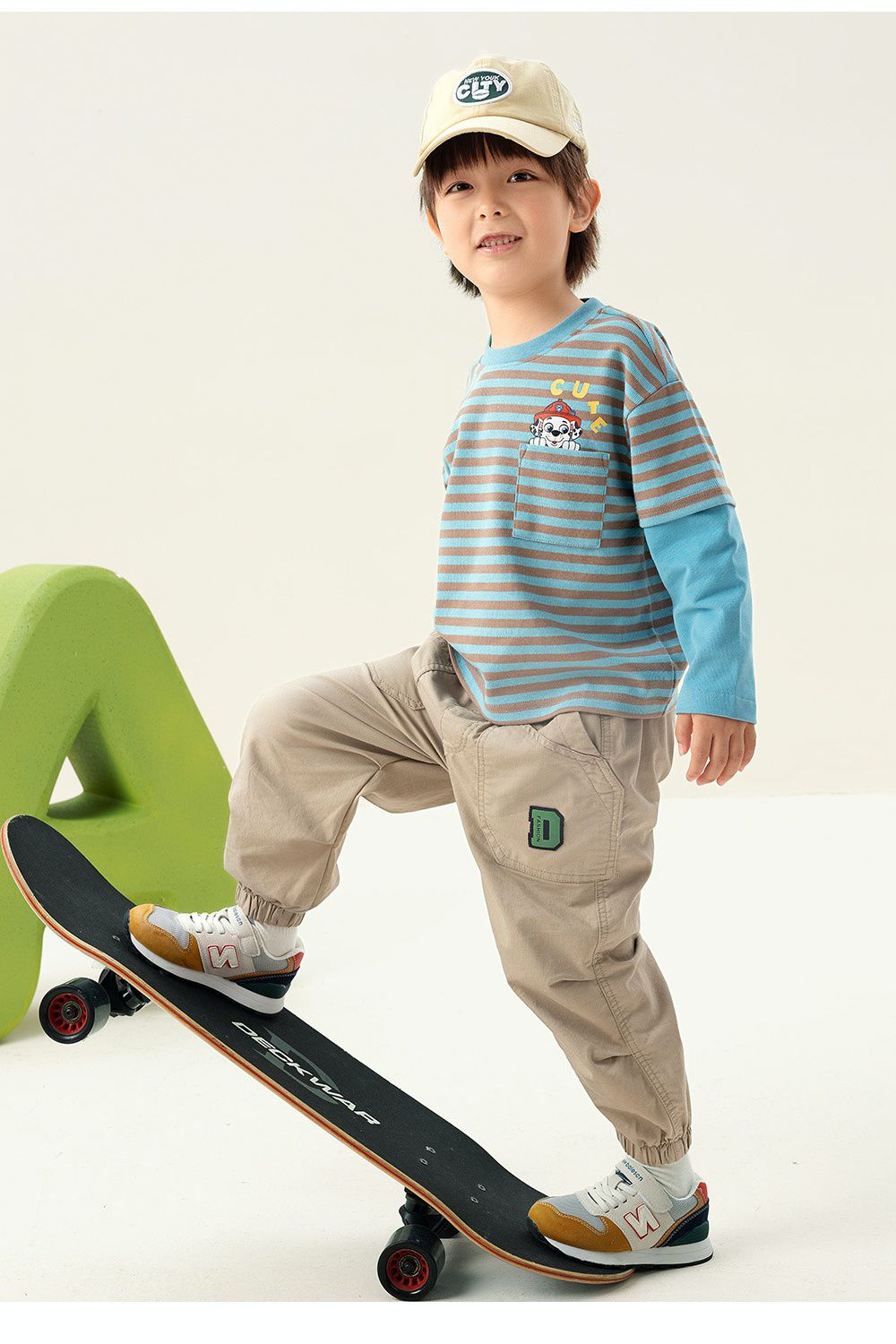 卡通汪汪隊圓領條紋拼接長袖上衣-卡通人物阿奇-綠色