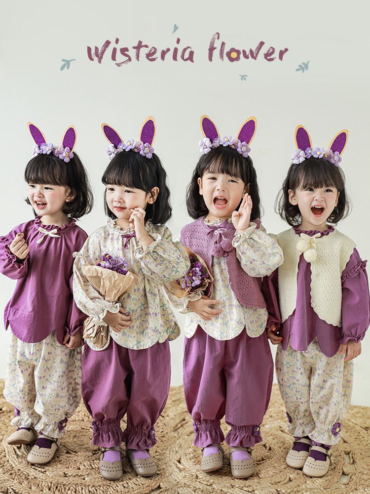 腰鬆緊束口花苞長褲-兔子與花-杏色