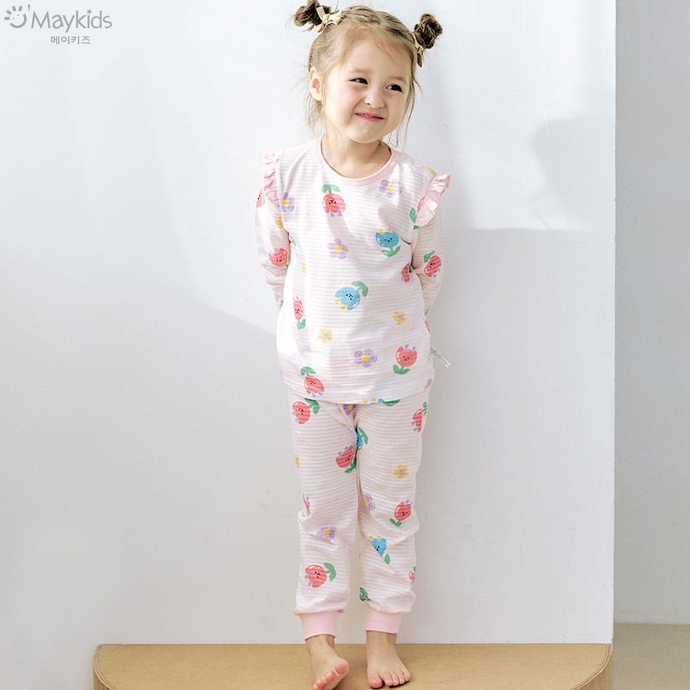 透氣條紋提花棉長袖家居服-春漾鬱金香-粉