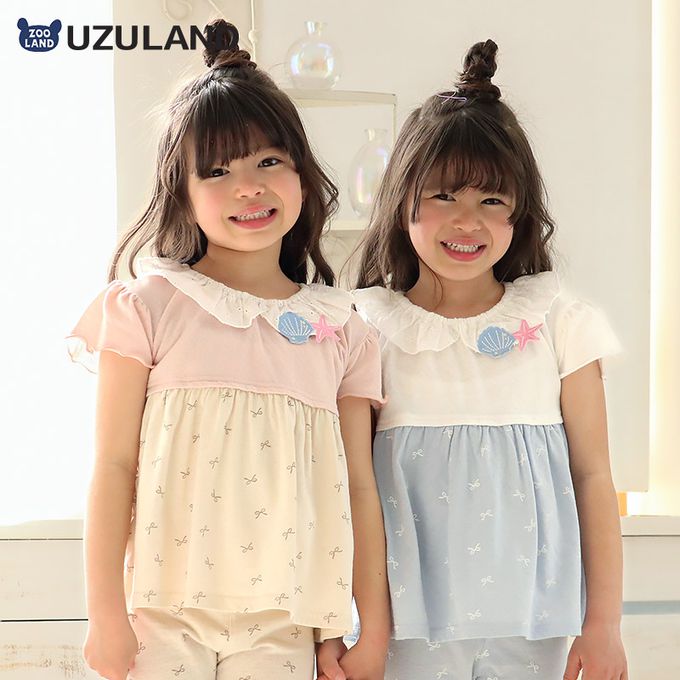 日本 ZOOLAND - 貝殼蕾絲領緹花短袖上衣-蝴蝶結印花-象牙