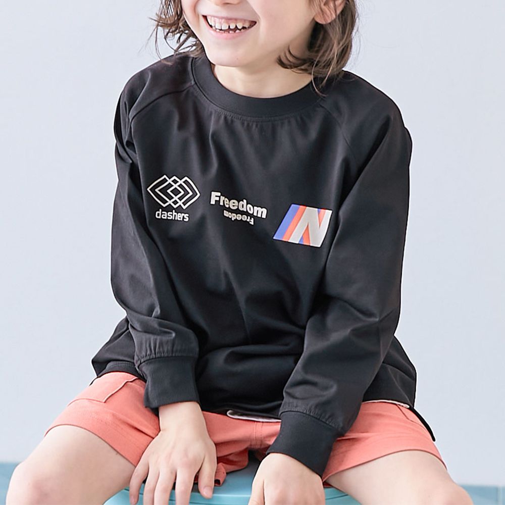 [快乾防皺] 簡約運動風長袖上衣-胸前徽章-黑